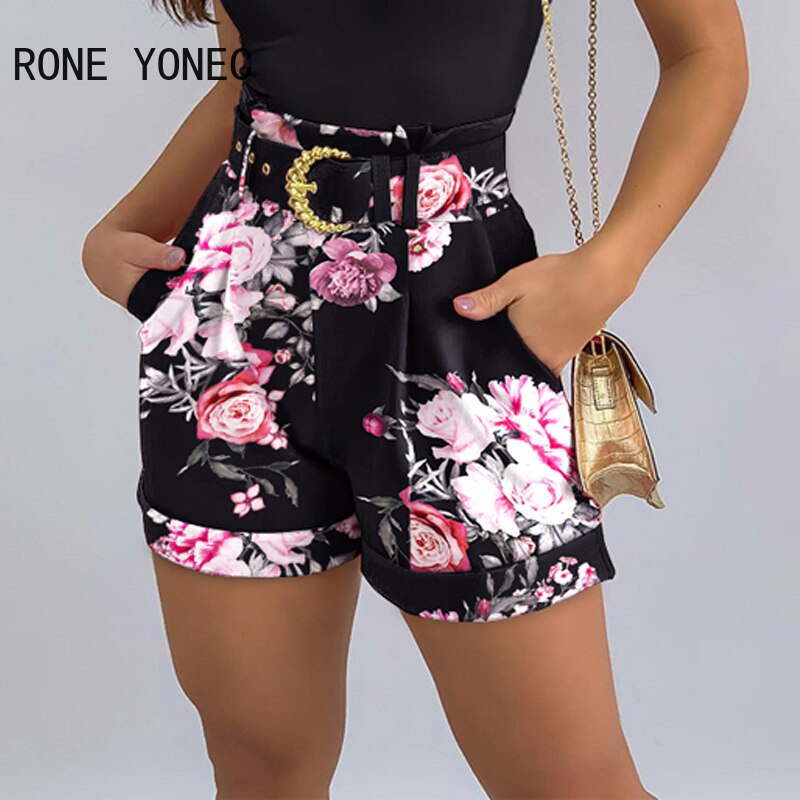 Women-Casual-Halter-All-Over-Print-Bottom-Solid-Top-Sleeveless-with-Belt-Summer-Bodycon-Short-Sets-3