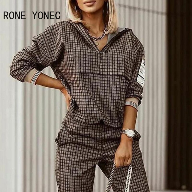Women-Casual-Long-Sleeves-Plaid-Print-Zipper-Front-Hooded-Top-Pants-Set-Two-Pieces-Set-2