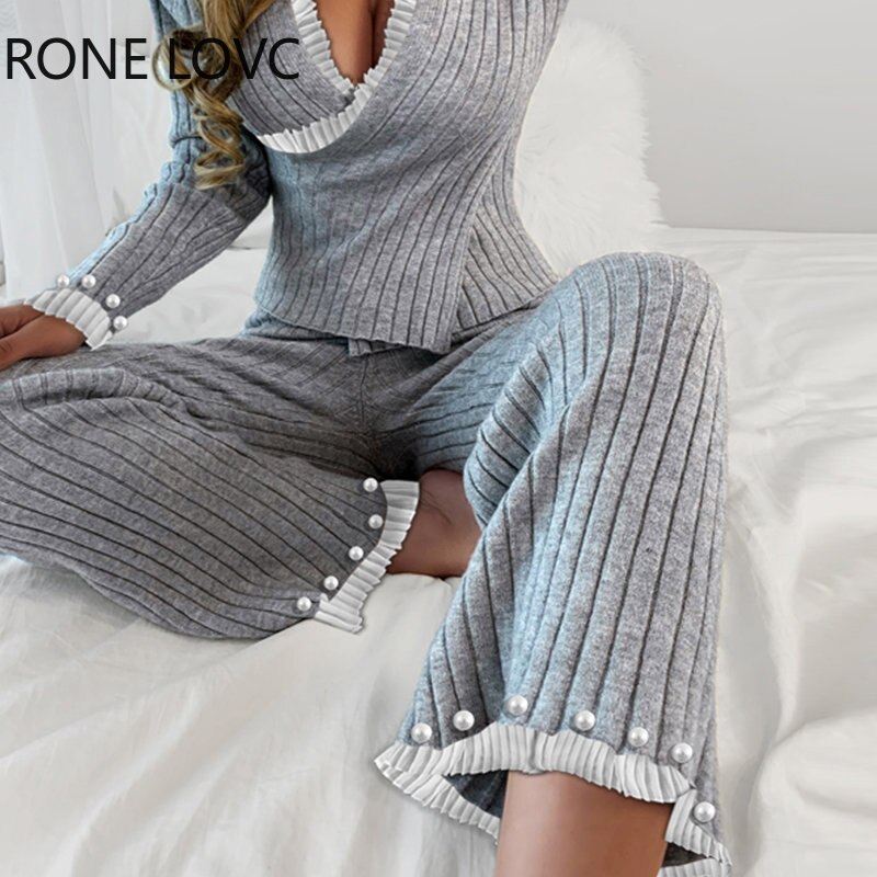 Women-Casual-Solid-Pleated-Hem-Beading-Deep-V-Neck-Knitting-Pajama-Sets-3