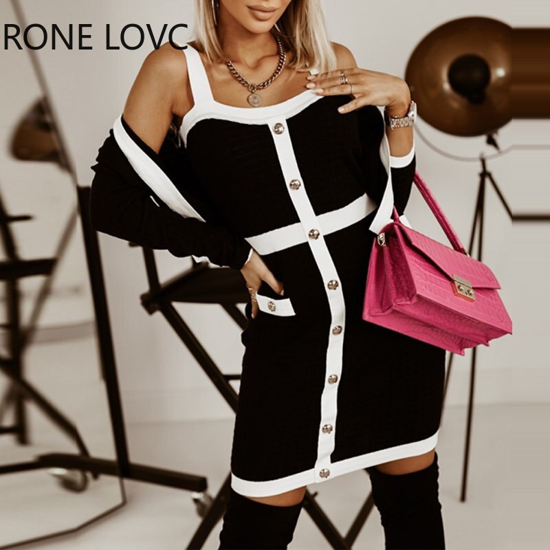 Women-Long-Sleeves-Thick-Straps-Patchwork-Mini-Fragrant-Breeze-Casual-Bodycon-Dress-Sets-3
