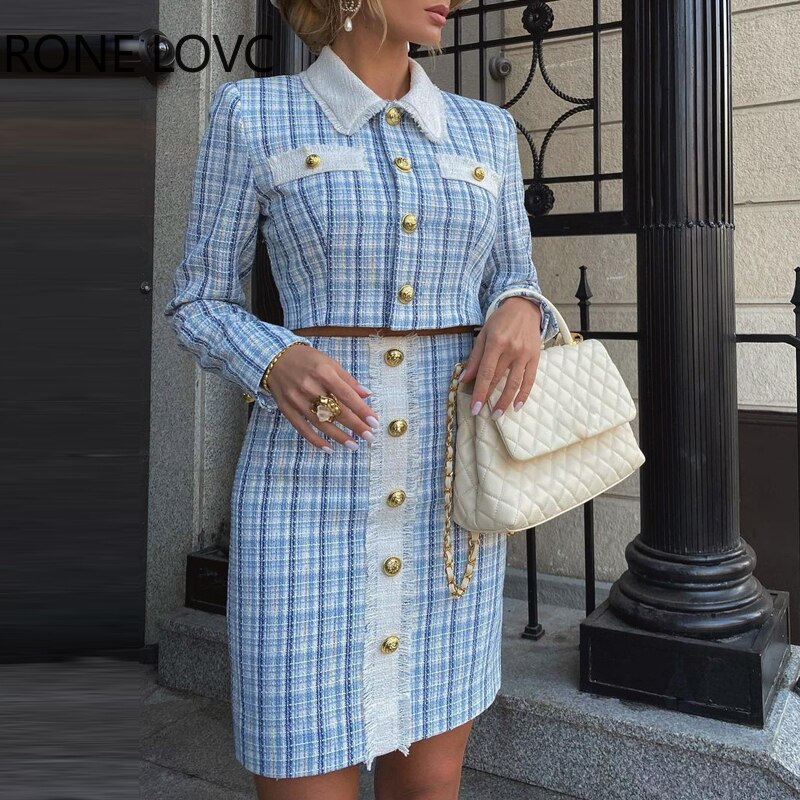 Women-Solid-Elegant-Fragrant-Breeze-Button-and-Pocket-Turn-Down-Collar-Tweed-Formal-Skirt-Sets-1