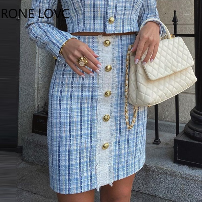 Women-Solid-Elegant-Fragrant-Breeze-Button-and-Pocket-Turn-Down-Collar-Tweed-Formal-Skirt-Sets-3