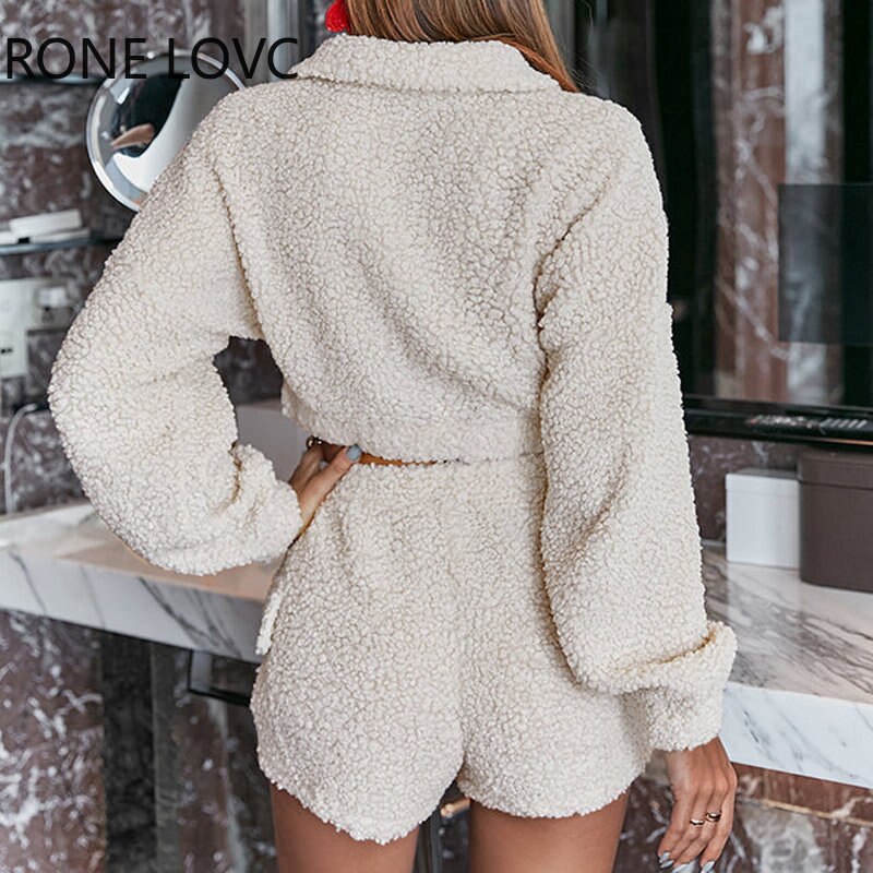 Women-Solid-Fleece-Coat-Crop-Top-short-Bottom-Fashion-Zipper-Pocket-Elastic-Waist-Short-Sets-1