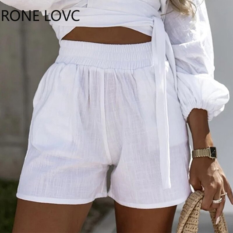 Women-Solid-Long-Lantern-Sleeves-Lace-Up-V-Neck-Elastic-Waist-Fashion-Sexy-Wihte-Short-Sets-3