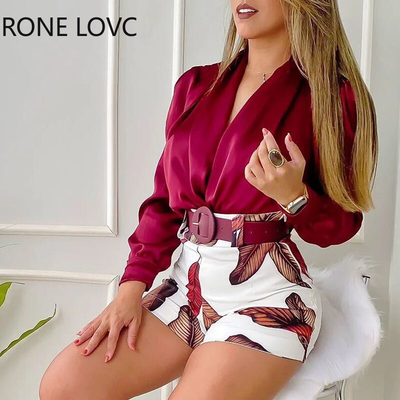 Women-Solid-Top-V-Neck-with-Leaf-Print-Bottom-Sashes-Long-Sleeves-Fashion-Sexy-Short-Sets-1