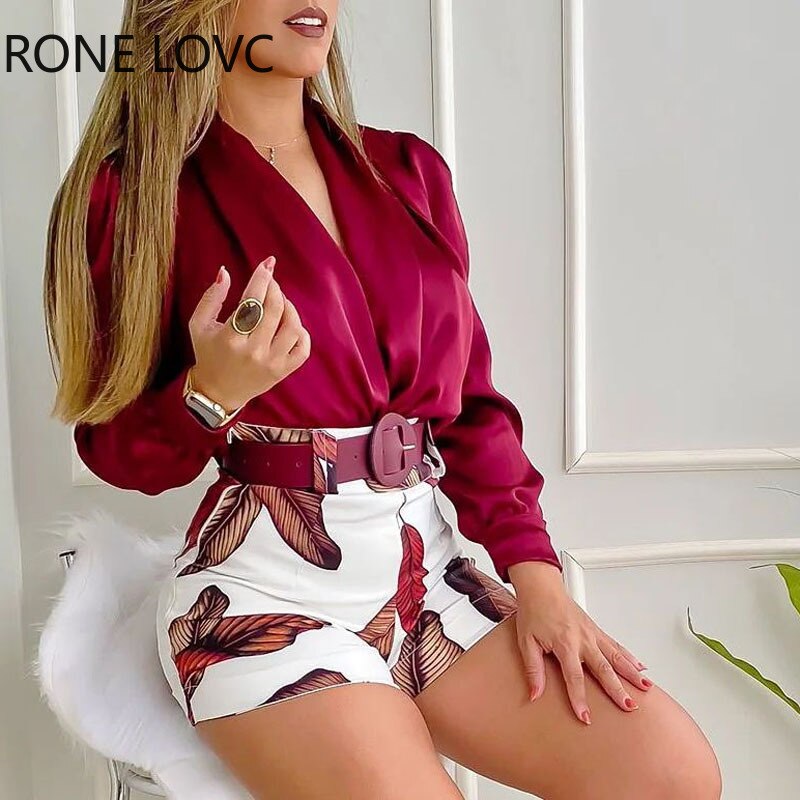 Women-Solid-Top-V-Neck-with-Leaf-Print-Bottom-Sashes-Long-Sleeves-Fashion-Sexy-Short-Sets-2
