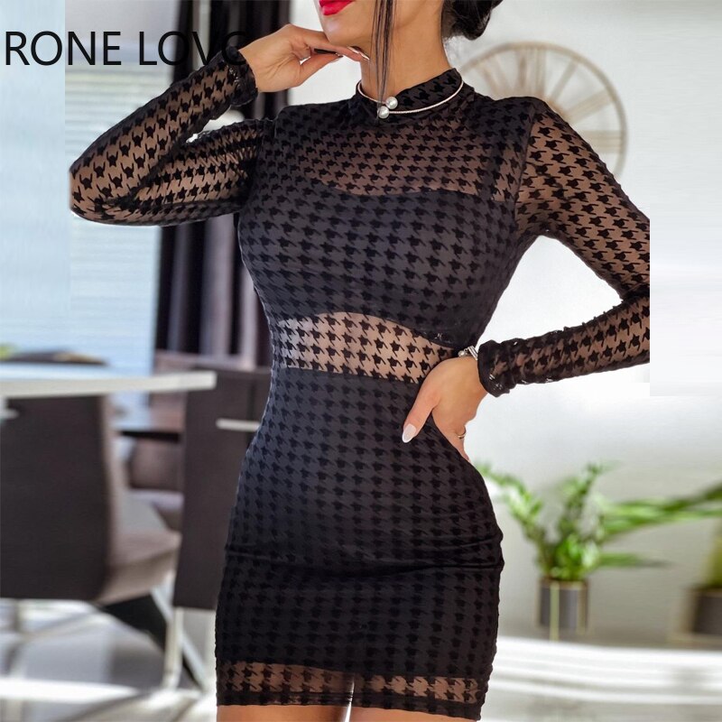 Women-Casual-Elegant-Round-Collar-Long-Sleeves-Houndstooth-Mini-Black-Working-Bodycon-Dresses-1