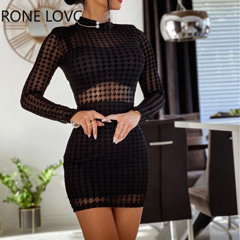 Women-Casual-Elegant-Round-Collar-Long-Sleeves-Houndstooth-Mini-Black-Working-Bodycon-Dresses-2