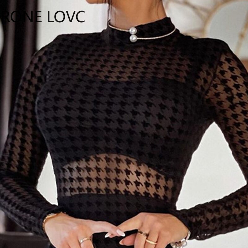 Women-Casual-Elegant-Round-Collar-Long-Sleeves-Houndstooth-Mini-Black-Working-Bodycon-Dresses-3