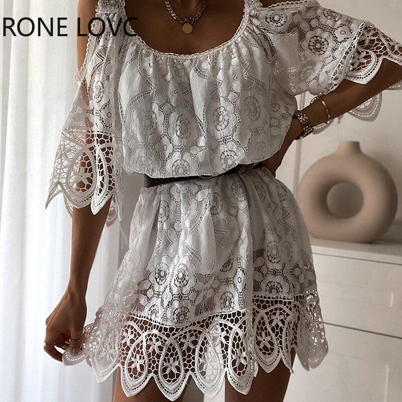 Women-Elegant-Solid-Lace-Hollow-Out-Off-Shoulder-with-Belt-Short-Sleeves-Mini-White-Dresses-2