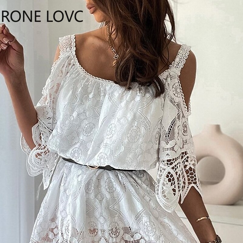 Women-Elegant-Solid-Lace-Hollow-Out-Off-Shoulder-with-Belt-Short-Sleeves-Mini-White-Dresses-3