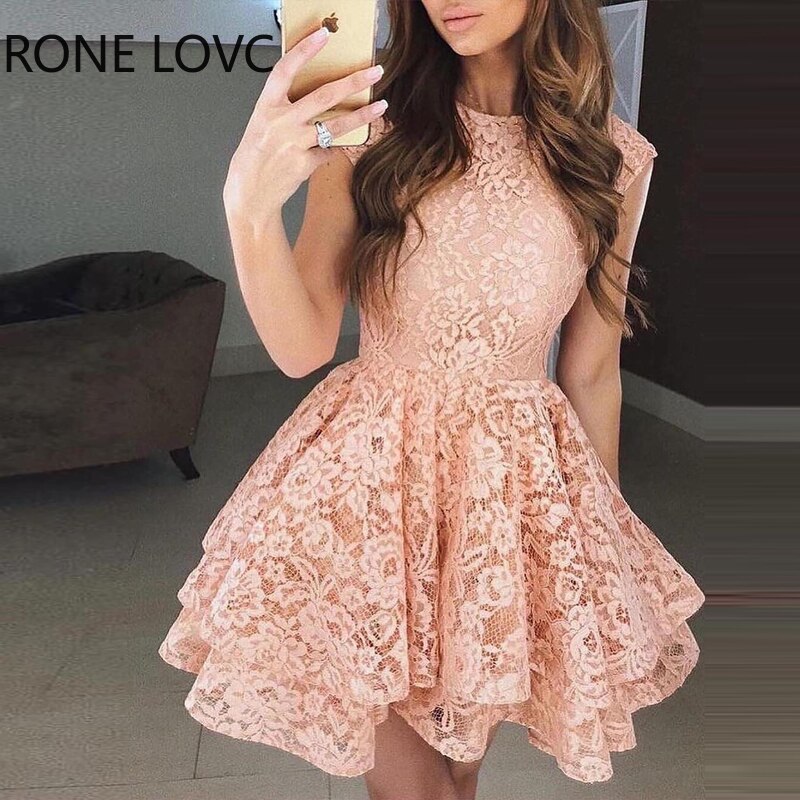 Women-Elegant-Solid-Lace-Round-Neck-Mini-Short-Sleeves-A-Line-Dresses-1