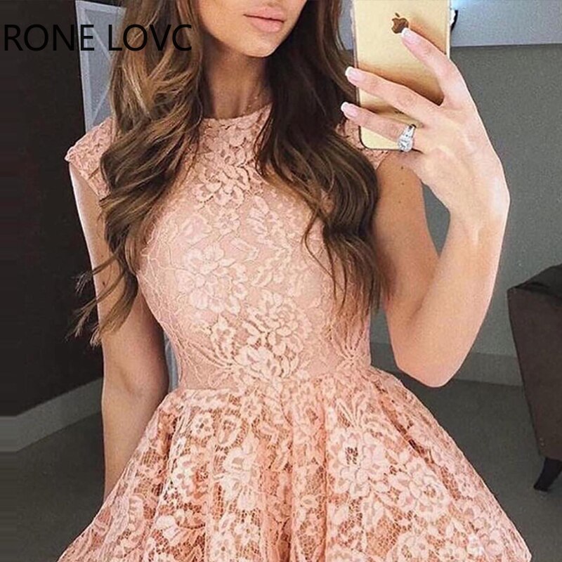 Women-Elegant-Solid-Lace-Round-Neck-Mini-Short-Sleeves-A-Line-Dresses-2
