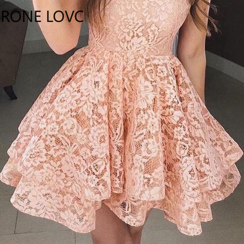 Women-Elegant-Solid-Lace-Round-Neck-Mini-Short-Sleeves-A-Line-Dresses-3