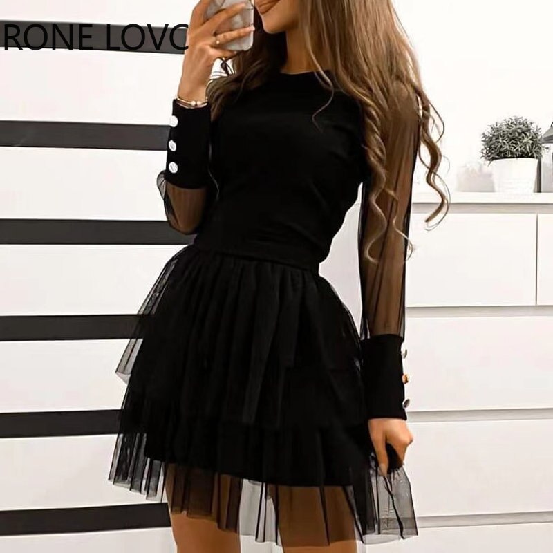 Women-Elegant-Solid-Long-Sleeves-Sequins-Contrast-Mesh-Patch-Cascading-Ruffles-Mini-Sexy-A-line-Party-1