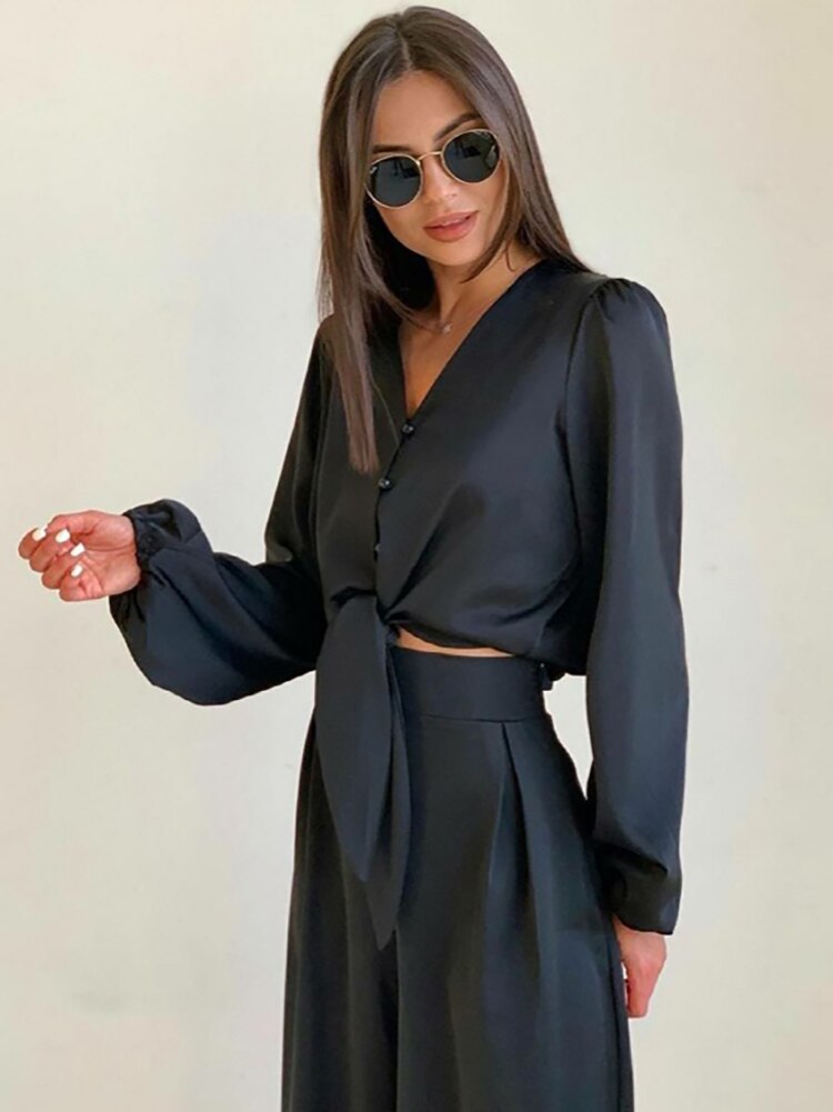 Mnealways18-Casual-Black-Pants-Suits-Two-Pieces-Women-Sets-V-Neck-Bowknot-Shirt-And-Baggy-Pants-2
