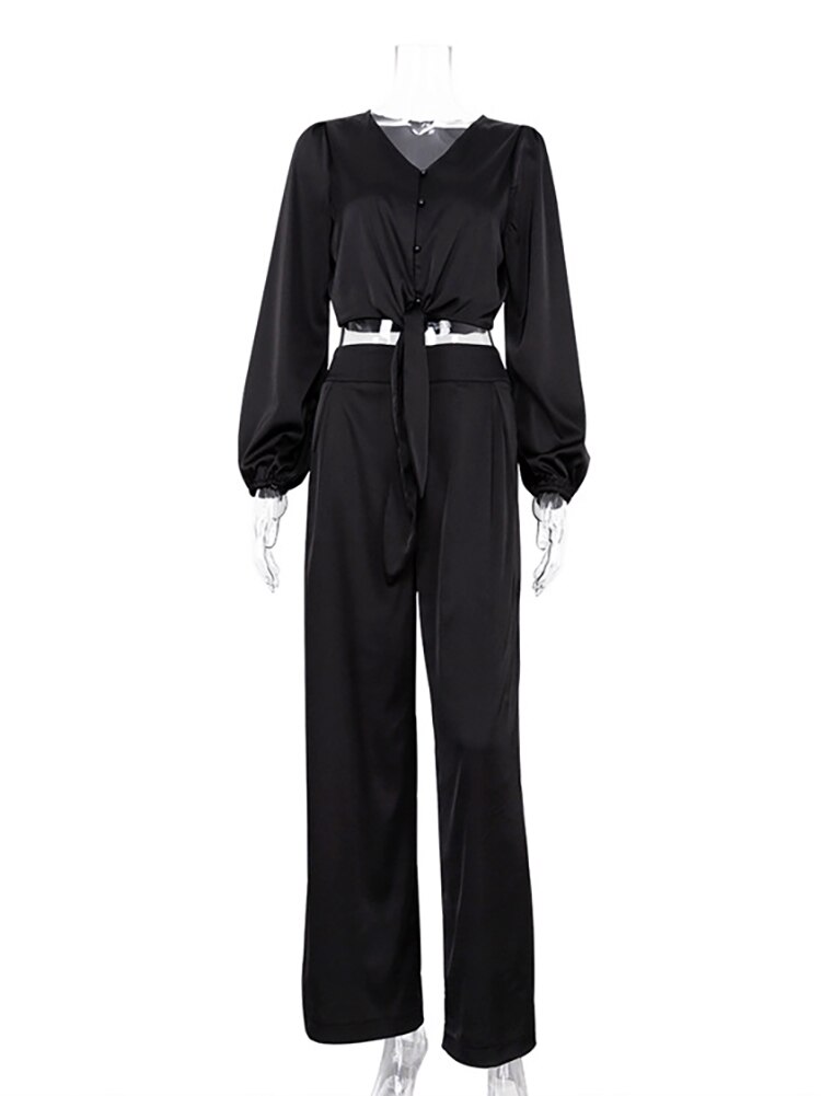 Mnealways18-Casual-Black-Pants-Suits-Two-Pieces-Women-Sets-V-Neck-Bowknot-Shirt-And-Baggy-Pants-4
