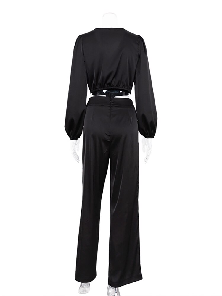 Mnealways18-Casual-Black-Pants-Suits-Two-Pieces-Women-Sets-V-Neck-Bowknot-Shirt-And-Baggy-Pants-5