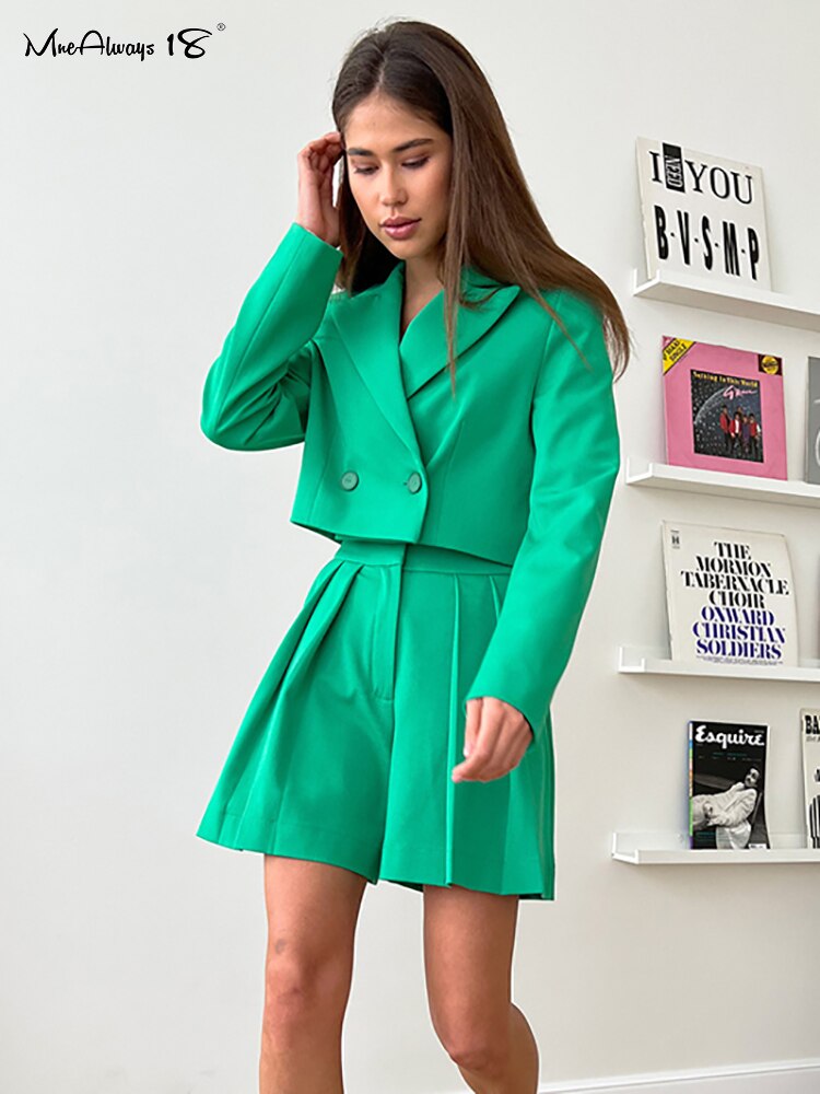 Mnealways18-Ladies-Elegant-Blazer-And-Pleated-Shorts-Fashion-Two-Piece-Set-Notched-Collar-Green-Chic-2-1