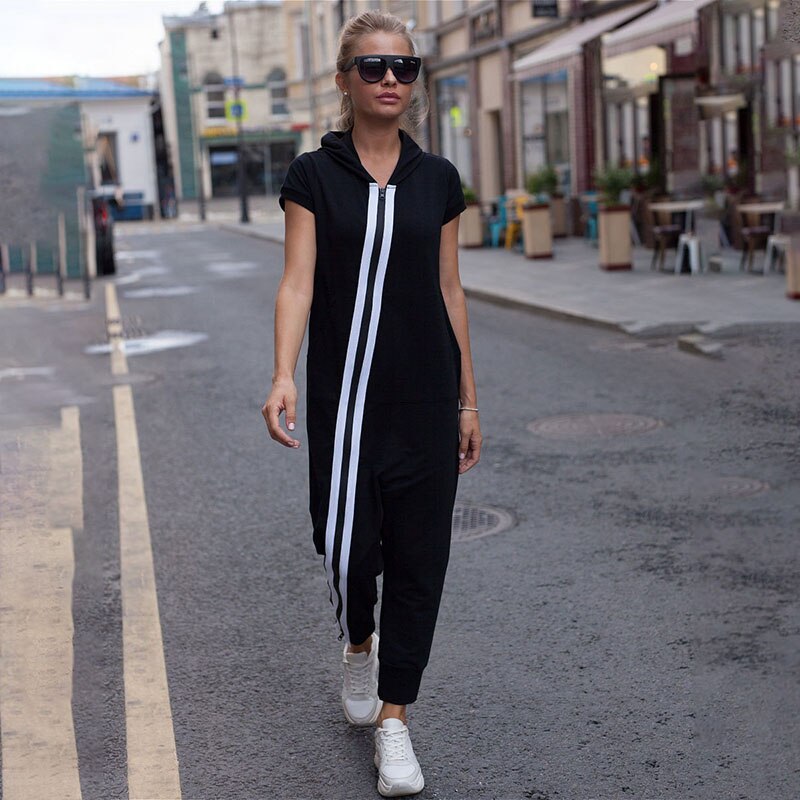 Oshoplive-Fashion-Stripes-Zipper-Hooded-Jumpsuits-For-Women-Casual-Simple-Short-Sleeves-One-Piece-Black-Jumpsuit-2