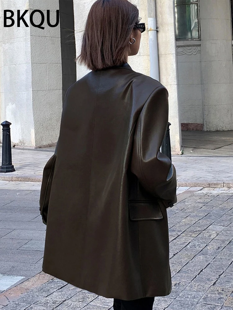 BKQU-2023-Vintage-Brown-Leather-Loose-Blazer-Coat-Women-Casual-Black-Long-Sleeve-Flap-Pockets-Suit-1