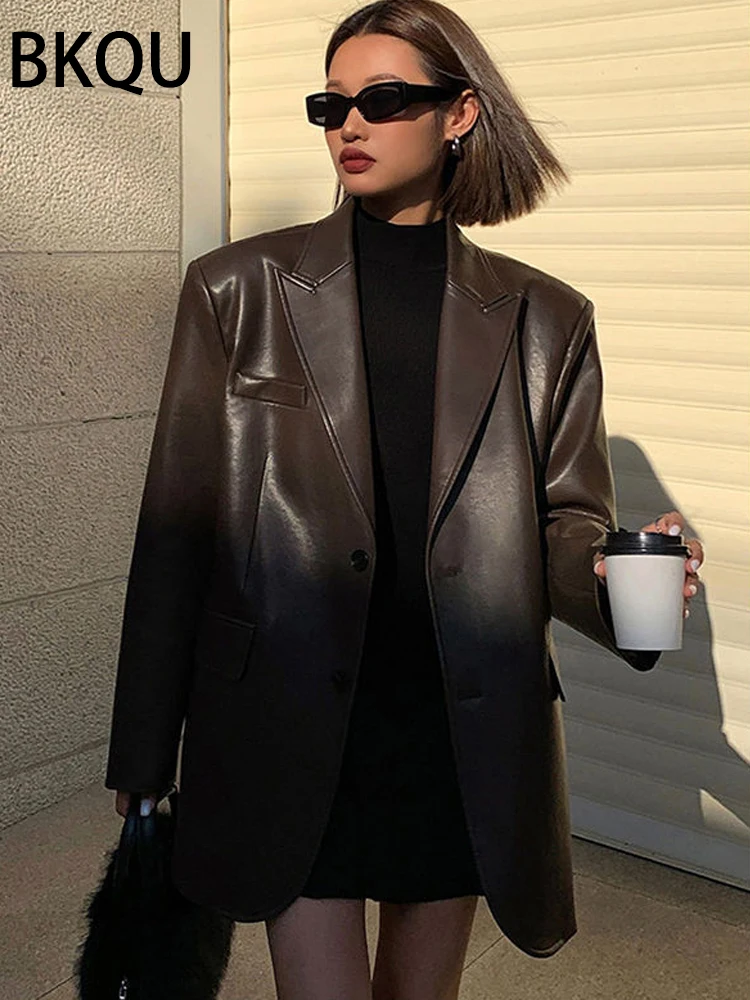 BKQU-2023-Vintage-Brown-Leather-Loose-Blazer-Coat-Women-Casual-Black-Long-Sleeve-Flap-Pockets-Suit-2
