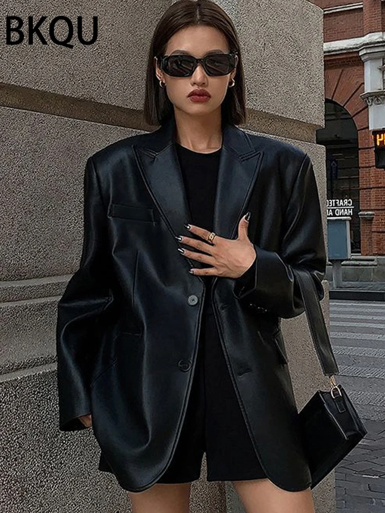 BKQU-2023-Vintage-Brown-Leather-Loose-Blazer-Coat-Women-Casual-Black-Long-Sleeve-Flap-Pockets-Suit-3