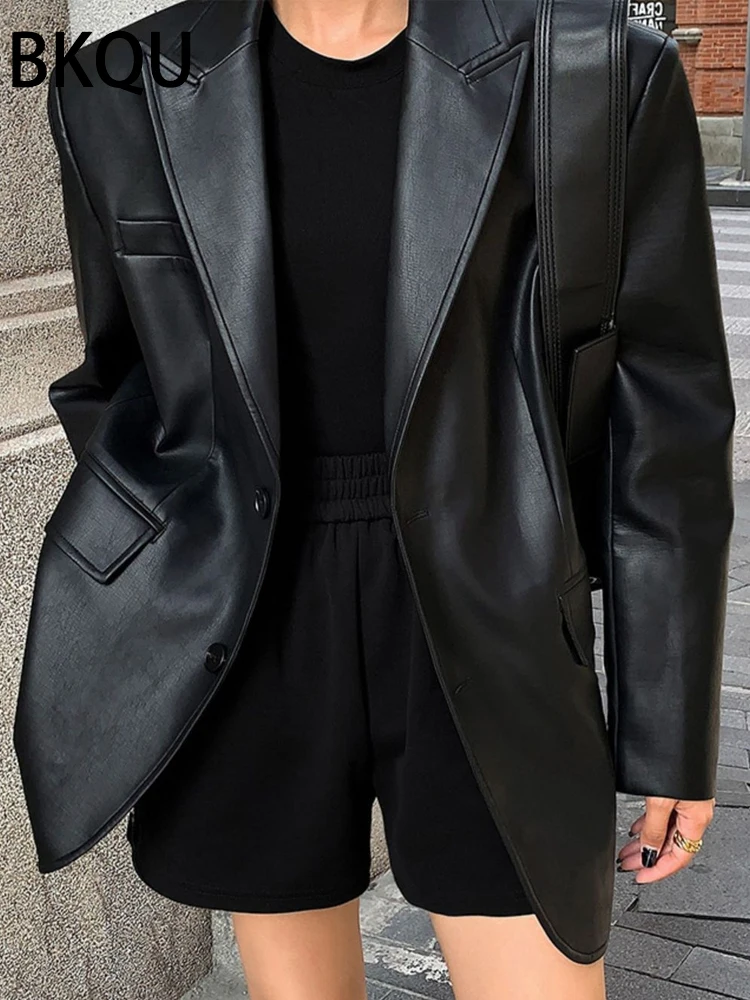 BKQU-2023-Vintage-Brown-Leather-Loose-Blazer-Coat-Women-Casual-Black-Long-Sleeve-Flap-Pockets-Suit-5