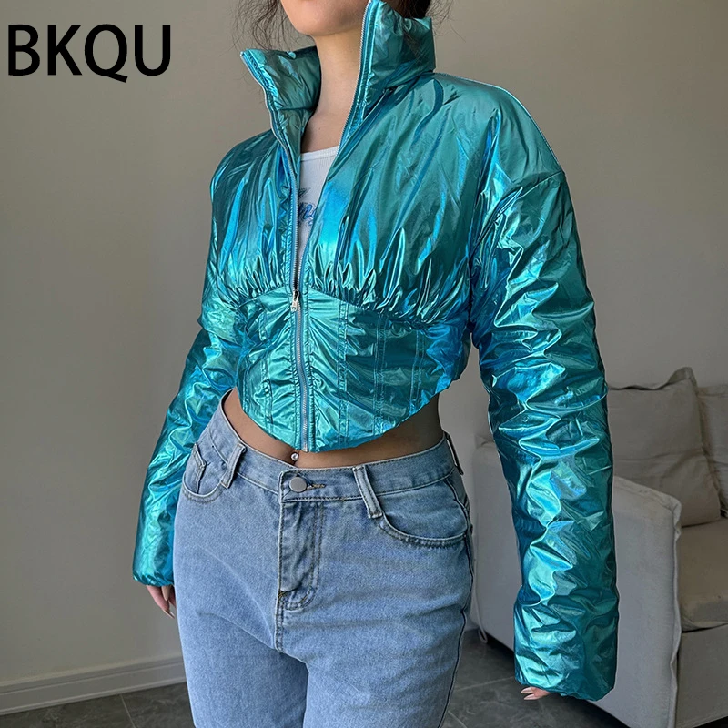 BKQU-Metallic-Cotton-Padded-Cropped-Jackets-Women-Zip-Up-Long-Sleeve-Turtleneck-Autumn-Winter-Coats-Irregular-2