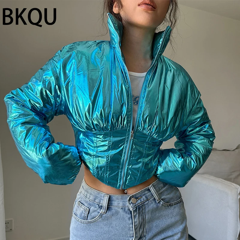 BKQU-Metallic-Cotton-Padded-Cropped-Jackets-Women-Zip-Up-Long-Sleeve-Turtleneck-Autumn-Winter-Coats-Irregular-3